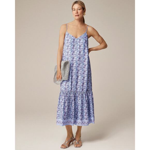 J.Crew NWT Sz S Tiered tie-waist dress in dusty periwinkle block print MSRP $198 - Picture 1 of 8